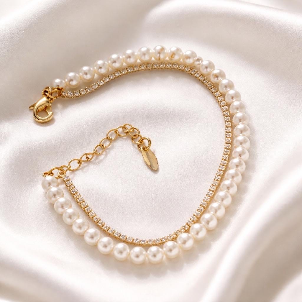 Dainty Pearl Tennis Bracelet – Adjustable Gold Stackable Bracelet with Cubic Zirconia Sparkle