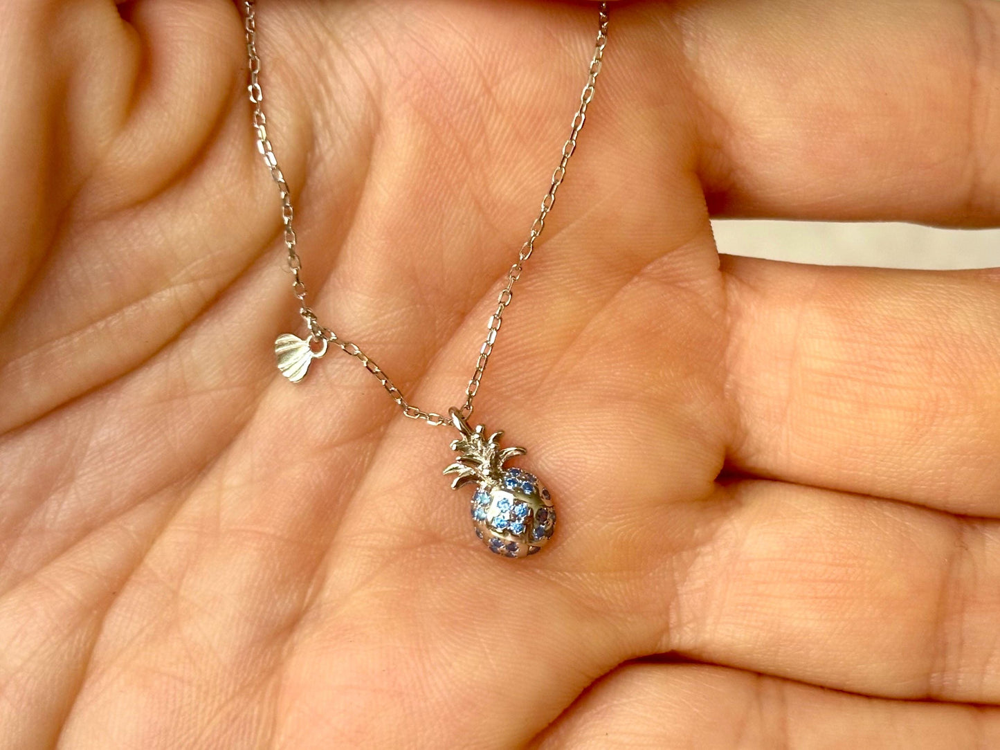Hawaiian Pineapple Necklace With Shell Charm 925 Sterling Silver Waterproof Blue Topaz Necklace Birthday Gift for Her Gift For Mom
