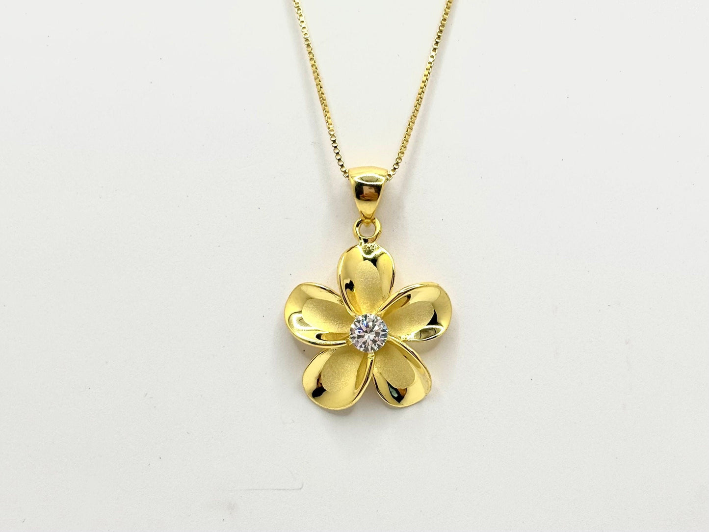 Hawaiian Plumeria Flower Necklace 14K Gold Plated Sterling Silver with Sparkling CZ Stone Romantic Jewelry Gift for her Wife, Mom Girlfriend