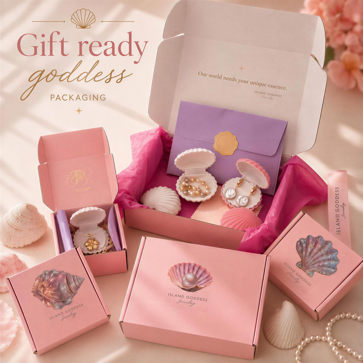 The image showcases a collection of pink and purple gift boxes, each containing various jewelry items such as earrings and necklaces, arranged on a pink background. The boxes are labeled "Gift ready goddess" and "Island goddess", indicating the nature of the jewelry inside. The boxes are placed on a table, with some seashells and pearls scattered around, creating a beach-inspired aesthetic.