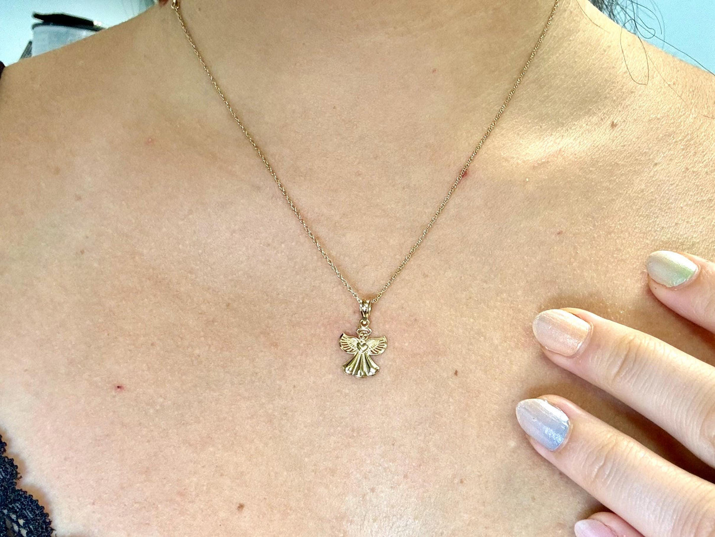 14K Solid Gold Guardian Angel Pendant Loving Angel Necklace Gold Pendant Valentines Gift for her Birtday Gift for Mom Protective Necklace