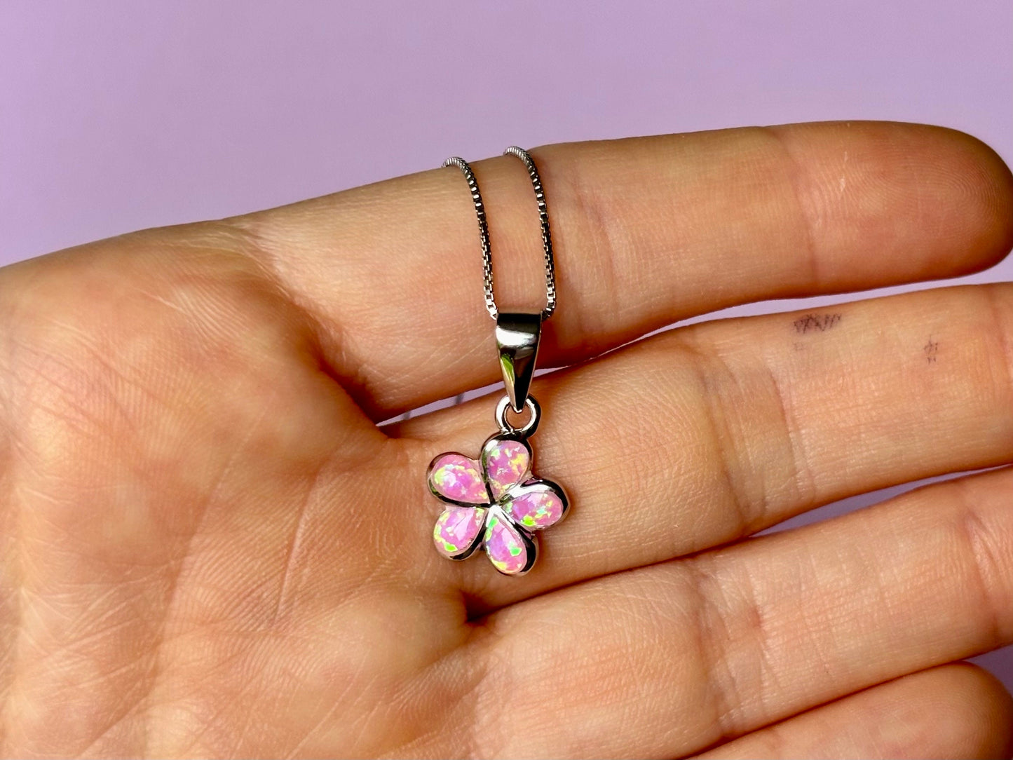 Dainty Pink Opal Plumeria Flower Necklace Tarnish Free with chain Girly Minimalist Floral Gift for Her Gift for Mom 925 Sterling Silver