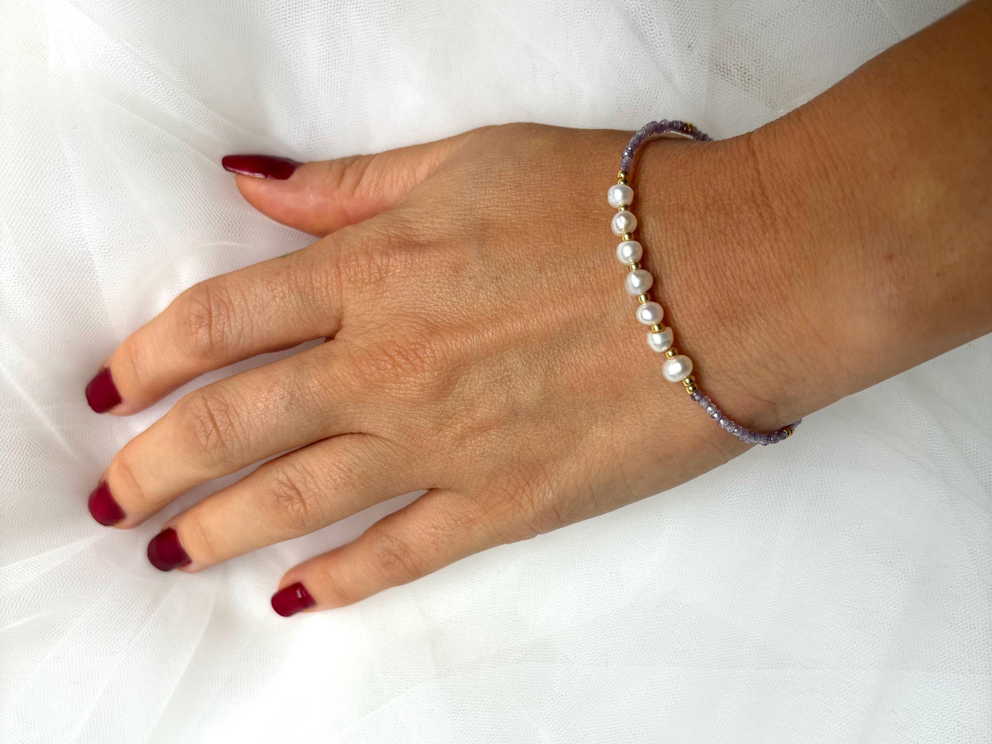 Amethyst Genuine Natural Freshwater White Pearl Waterproof Bracelet, Adjustable Gold Stainless Steel Elegant Gift for Girlfriend Sister Wife