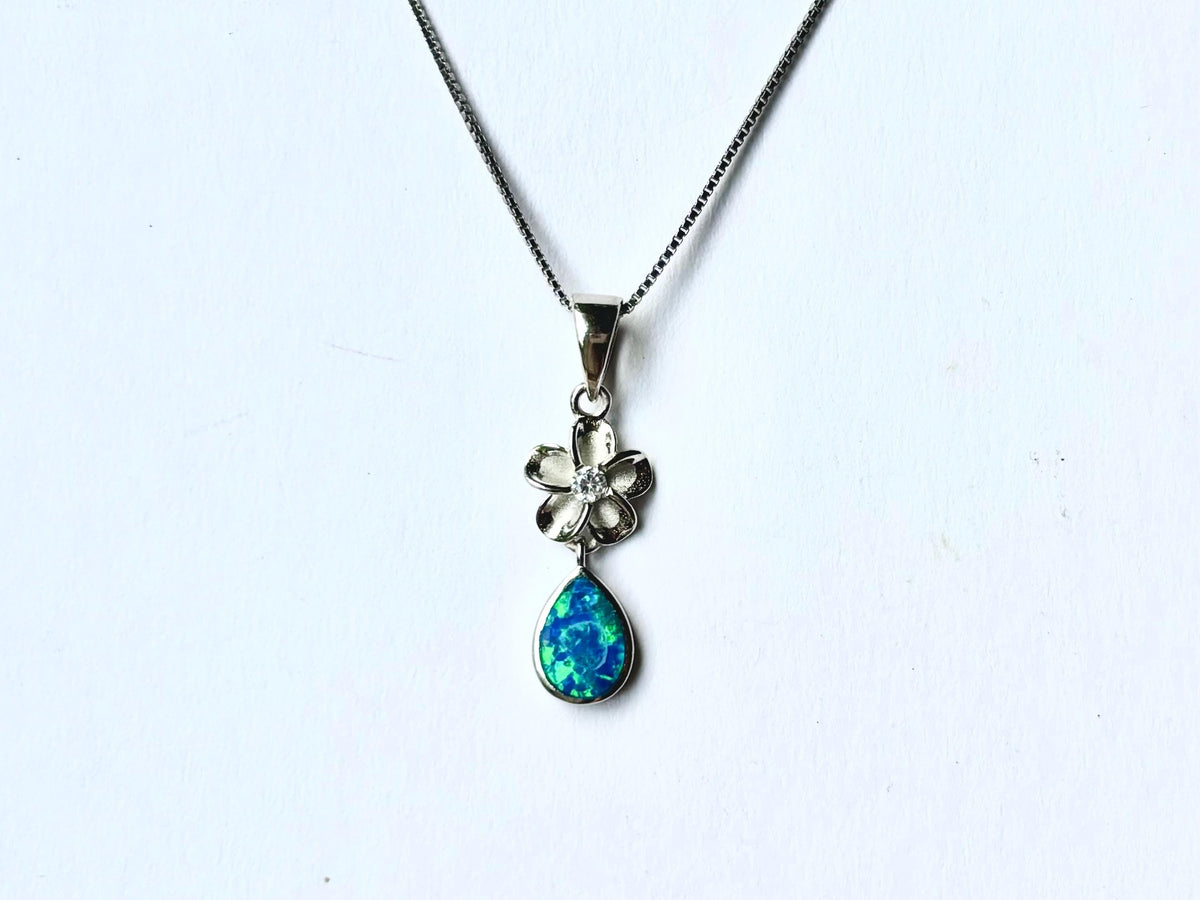 Blue Opal Plumeria Necklace, Rhodium Plated Silver Flower Pendant, gift for her, birthday gift, gift for mom – handmade Hawaiian jewelry, Island Goddess Jewelry