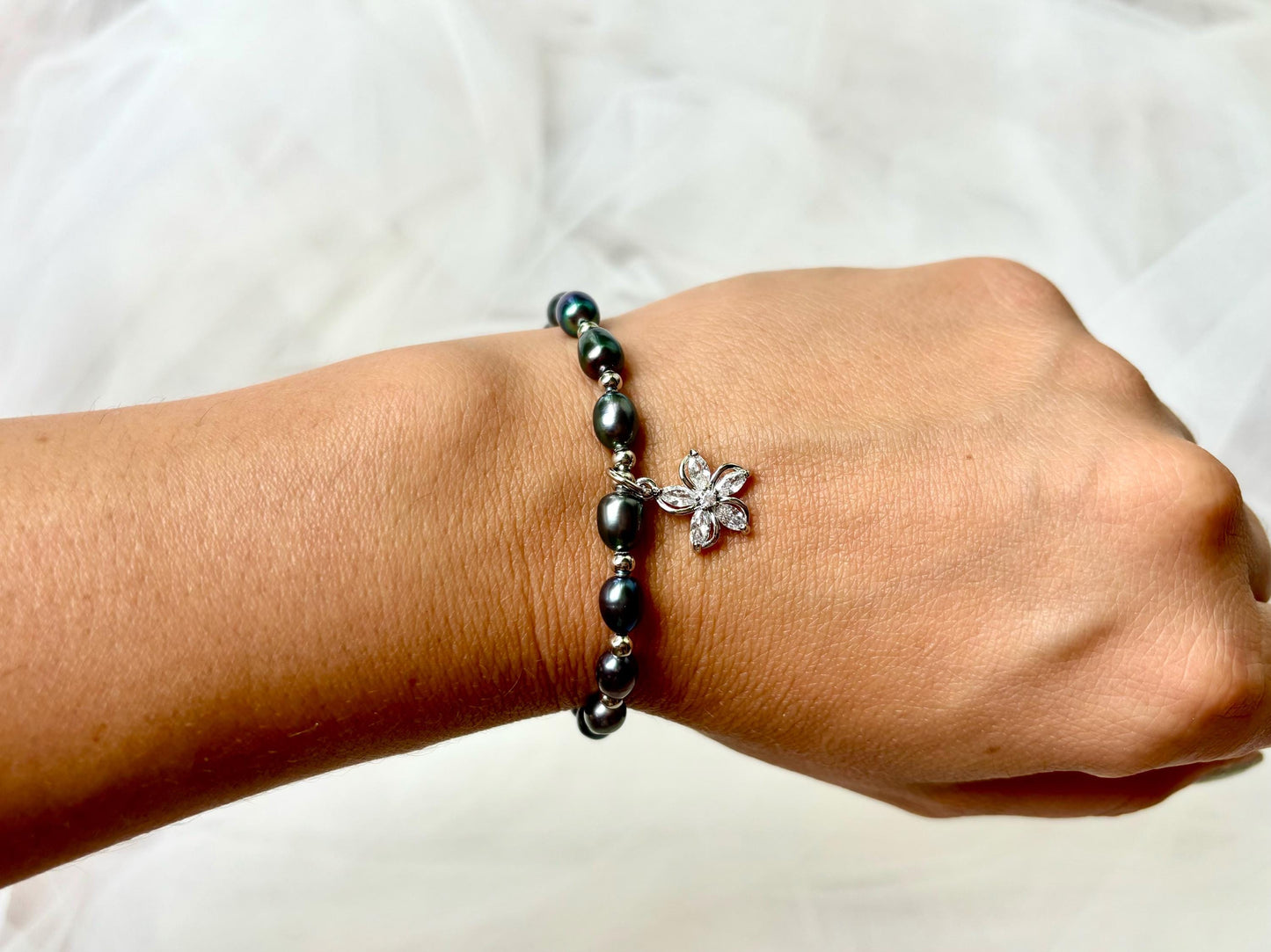 Black Pearl Bracelet with Silver Flower Charm