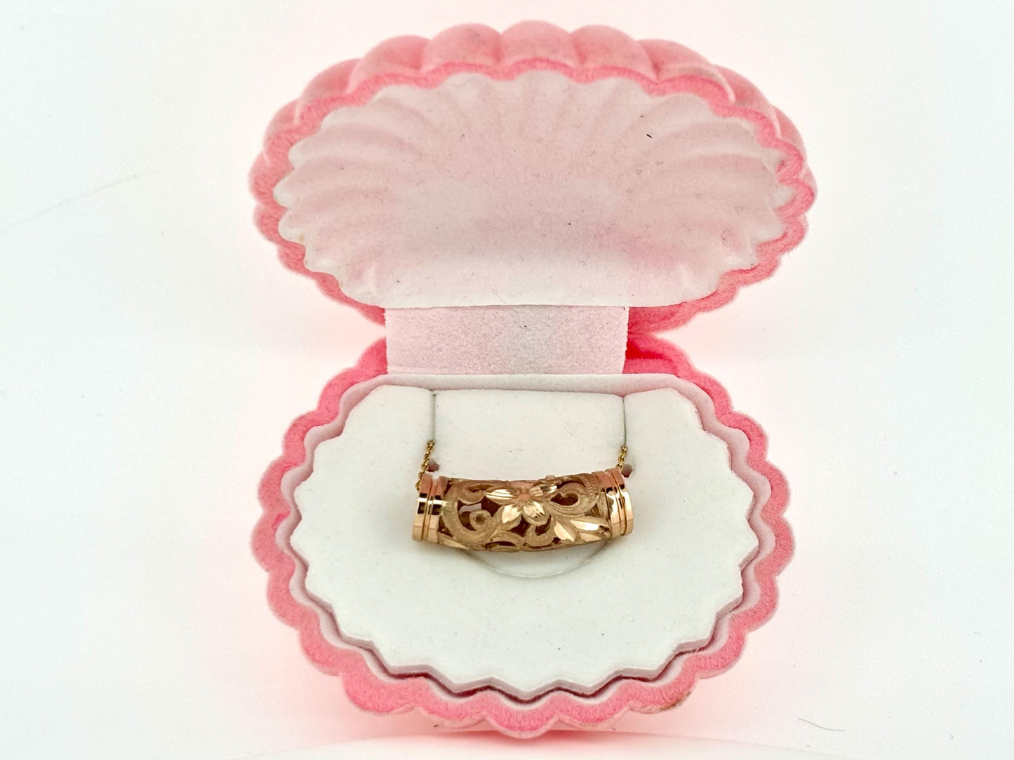 14K Solid Gold Hawaiian Barrel Pendant Flower Pendant Slider Necklace Gold Pendant Birthday Gift for her Gift for Mom Flower Puka Bead Scrol