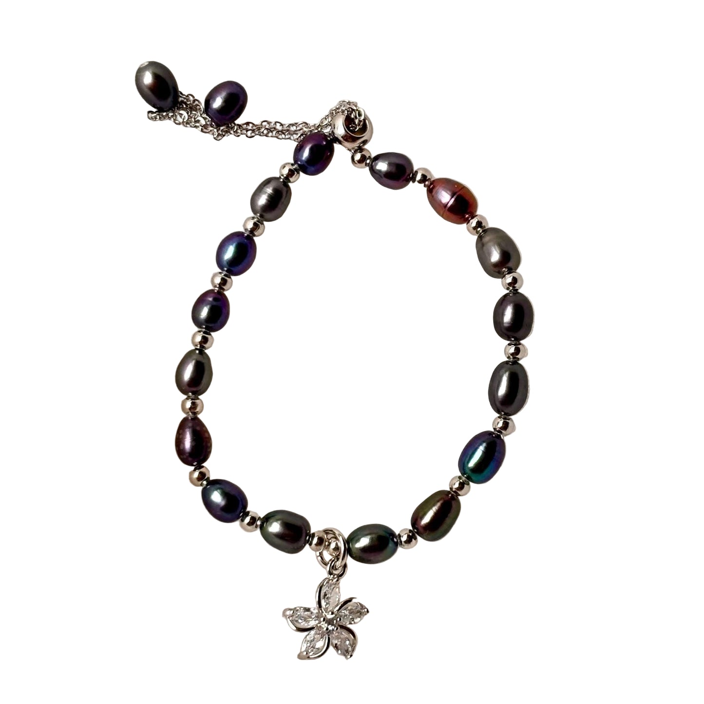 Black Pearl Bracelet with Silver Flower Charm