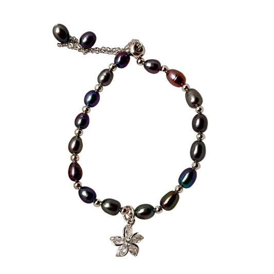 Black Pearl Bracelet with Silver Flower Charm