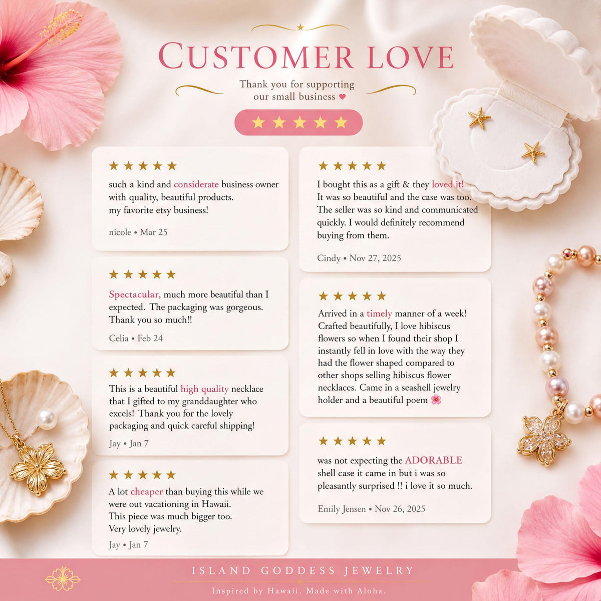 The image is a collage of customer reviews for Island Goddess Jewelry, featuring various jewelry pieces such as necklaces, earrings, and bracelets. The reviews express customer love for the business, with praise for the quality and craftsmanship of the jewelry. The reviews also mention the unique and beautiful designs of the jewelry, as well as the exceptional customer service provided by the business owner.