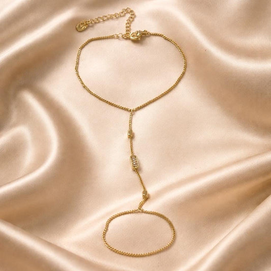 Hand Chain Bracelet | Adjustable 14K Gold Plated Baguette Ring with Cubic Zirconia Sparkle