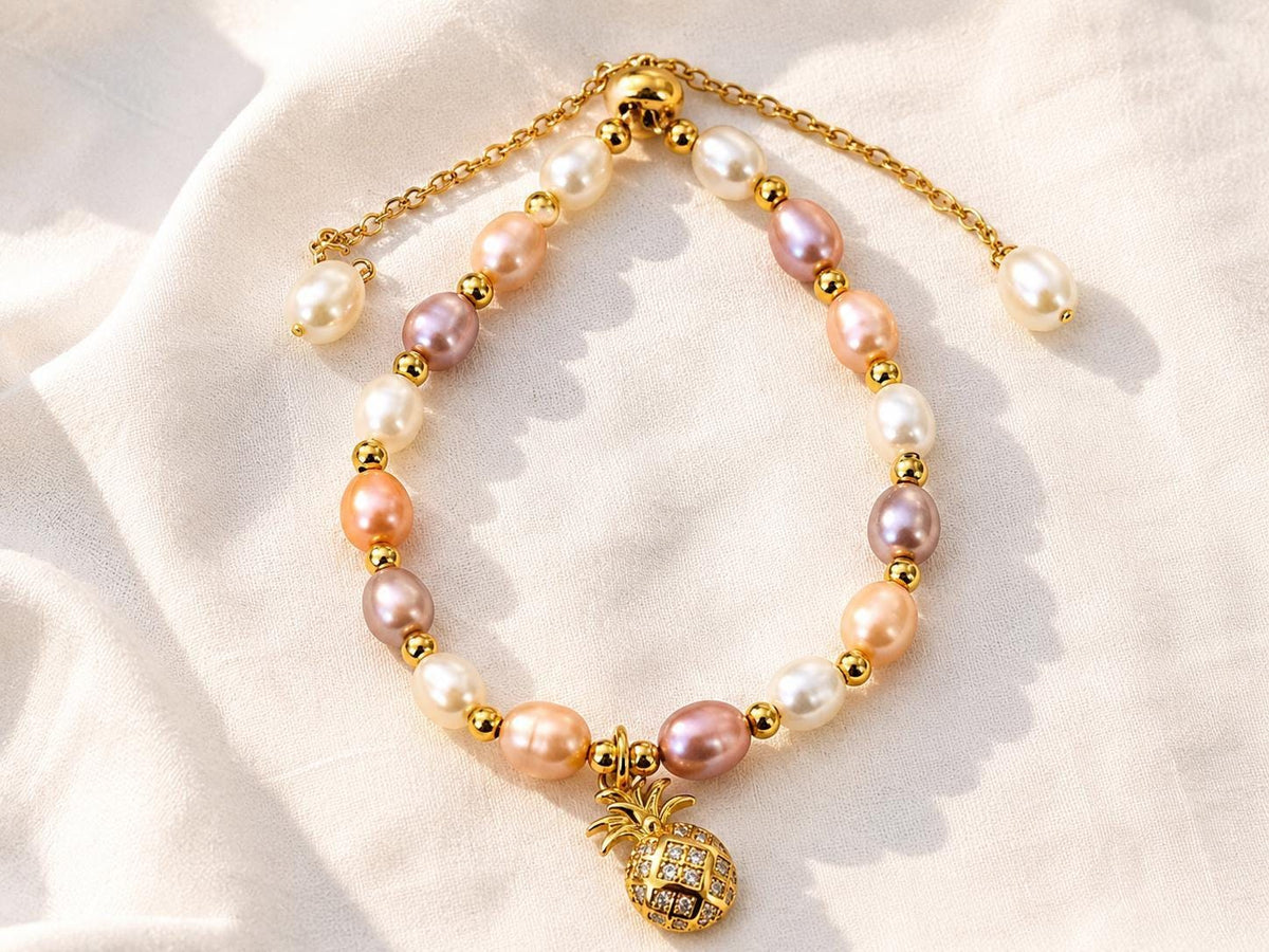Multi Color Pearl Bracelet, Custom 3 Color With Pineapple Charm, bridal, wedding, hawaii – handmade Hawaiian jewelry, Island Goddess Jewelry
