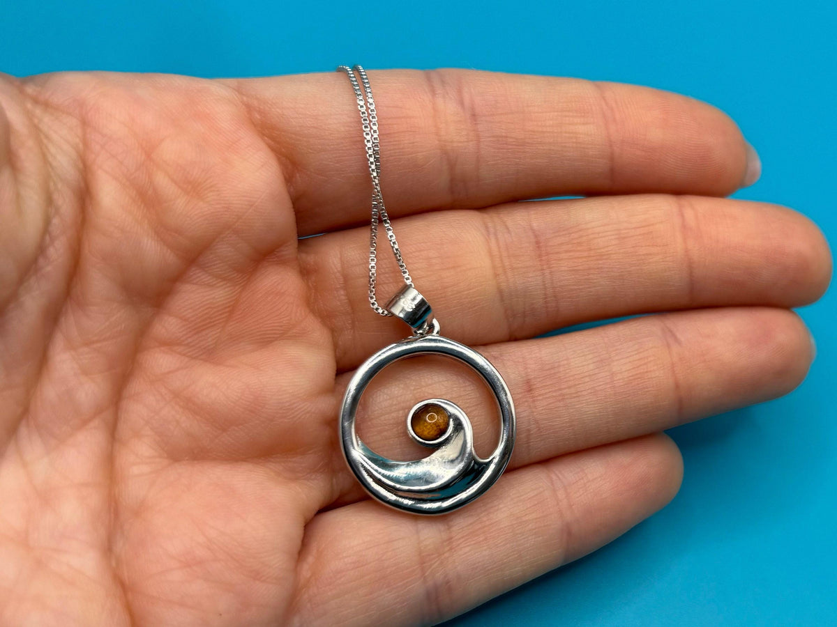 Koa Wood Wave Necklace, Rhodium Sterling Silver Beach Pendant, hawaii, ocean, gift – handmade Hawaiian jewelry, Island Goddess Jewelry