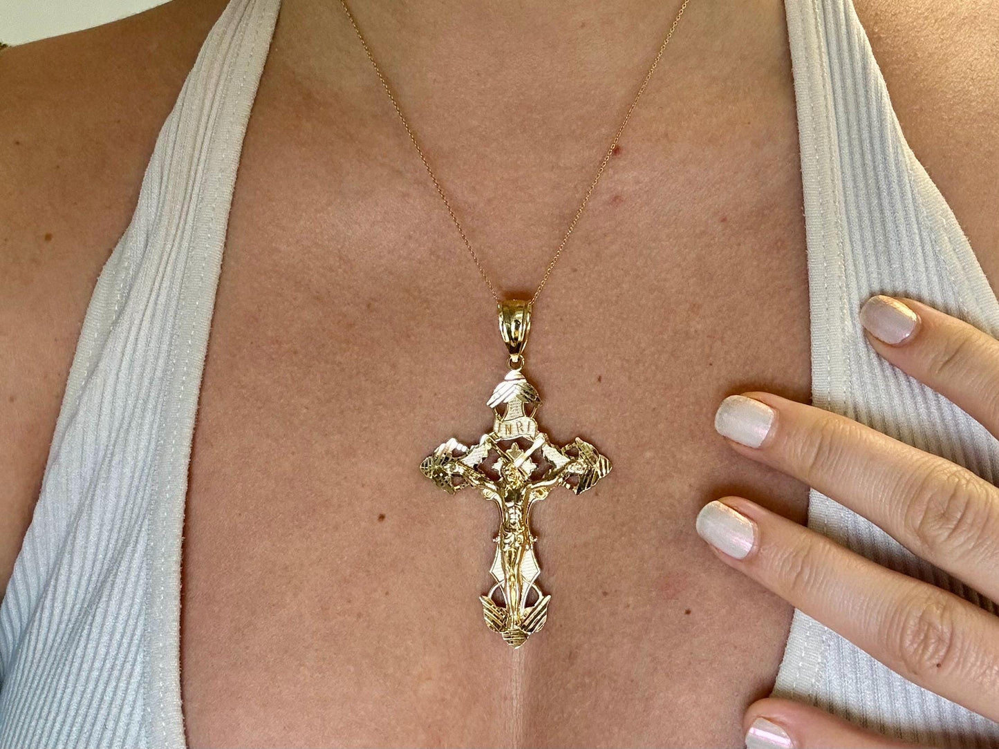 14K Solid Yellow Gold Cross Necklace Jesus Christ Pendant Giant Elegant Christian Gift for her Chritian Gift for Wife Christmas Gift