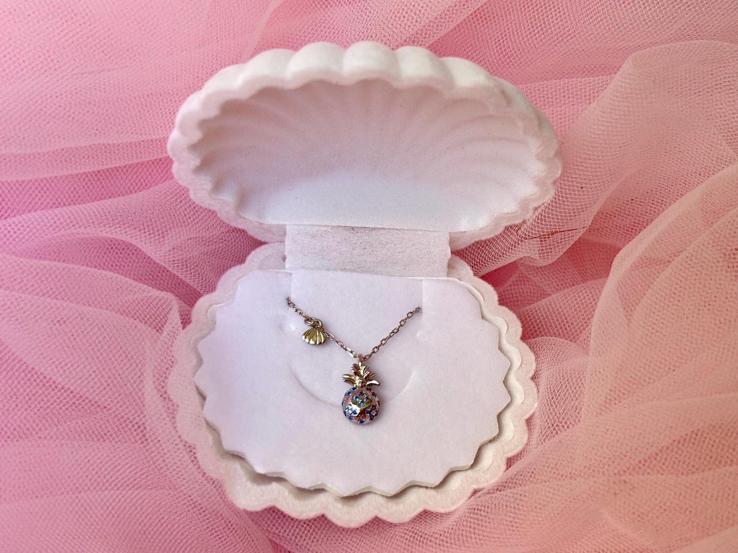 Hawaiian Pineapple Necklace With Shell Charm 925 Sterling Silver Waterproof Blue Topaz Necklace Birthday Gift for Her Gift For Mom