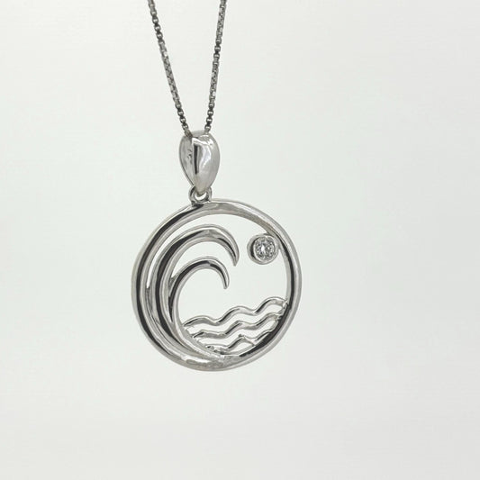 Island Tide Diamond Pendant – 10k Solid White Gold Wave Necklace