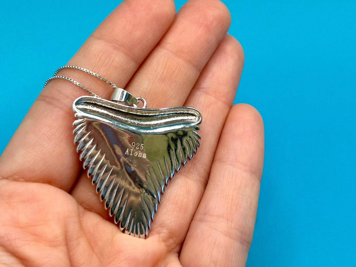 Shark Tooth Necklace, Hawaii Koa Wood, Rhodium Silver Pendant Set, gift, nontarnish, sharklover – handmade Hawaiian jewelry, Island Goddess Jewelry