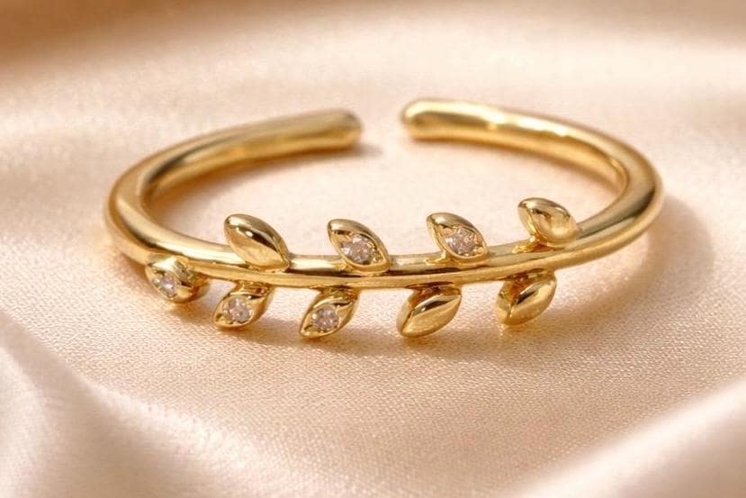 14K Gold Plated Ring – Adjustable Stainless Steel Ivy Band with Cubic Zirconia Sparkle