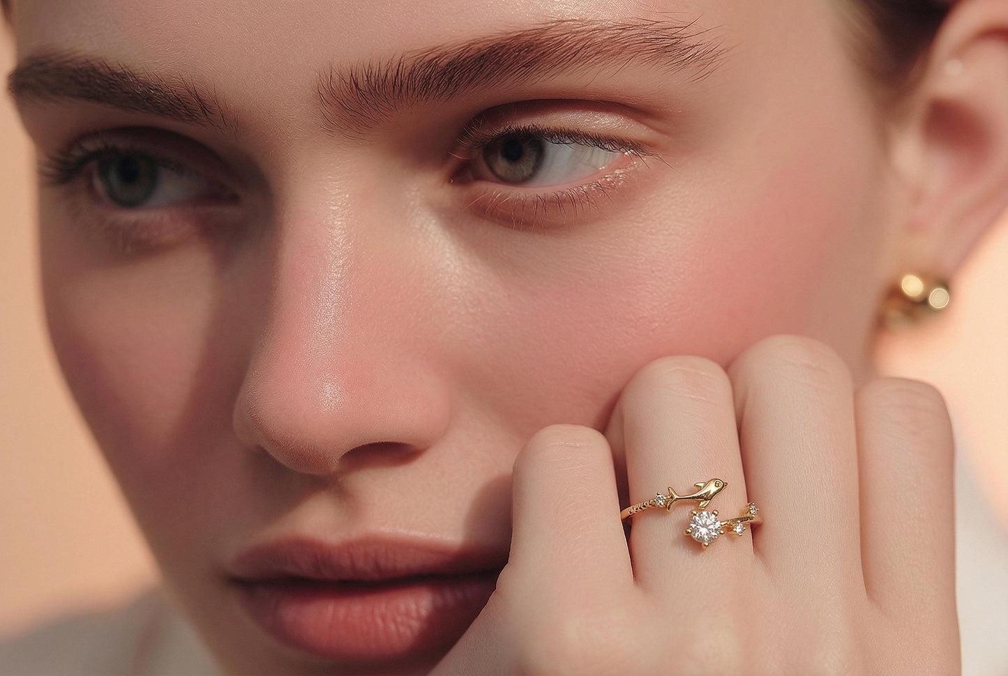 Dolphin Ring – Adjustable 14K Gold Plated Stackable Ocean Ring With Cubic Zirconia