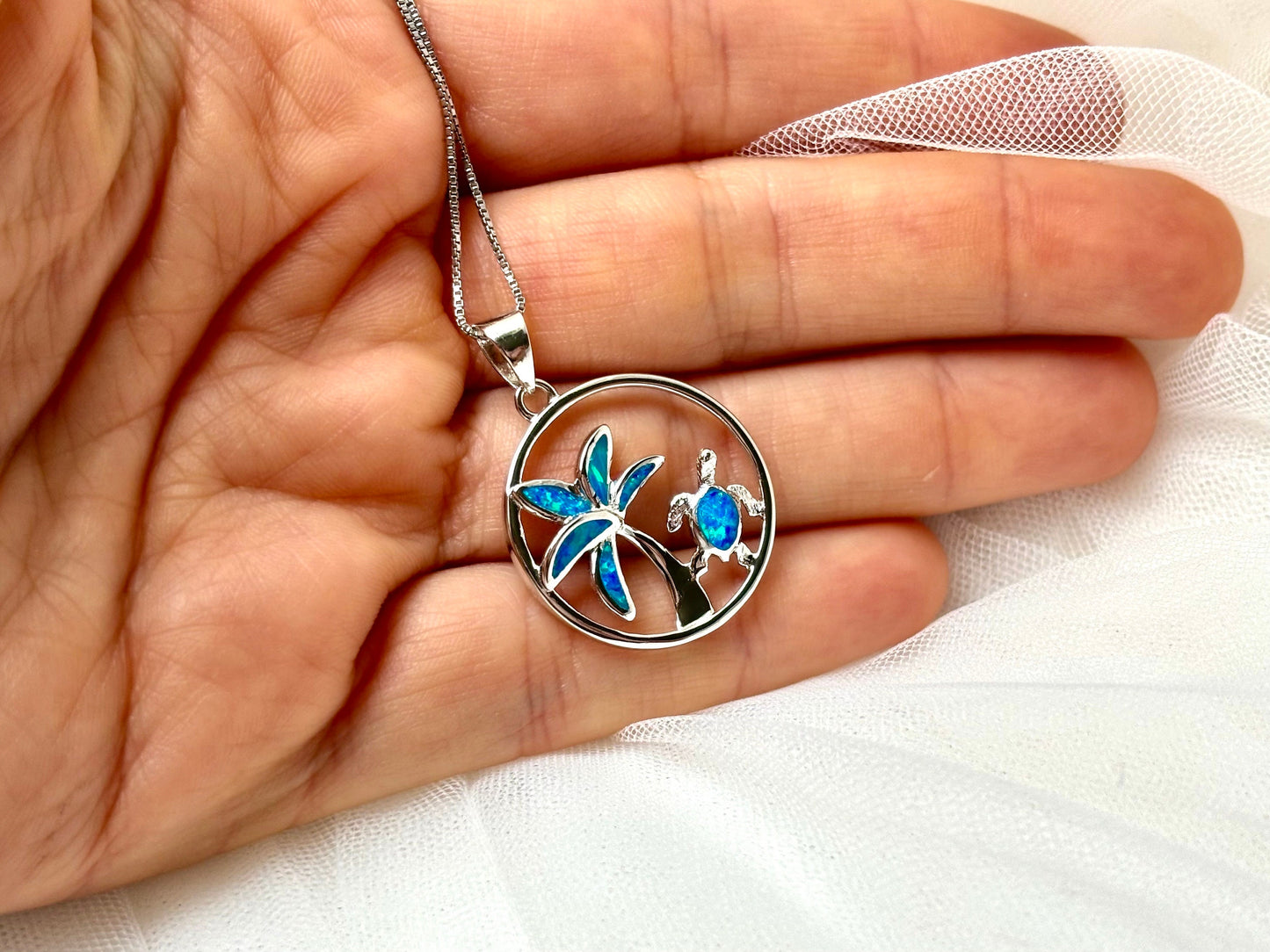 Hawaiian Honu Turtle Necklace – Blue Opal Pendant in Sterling Silver