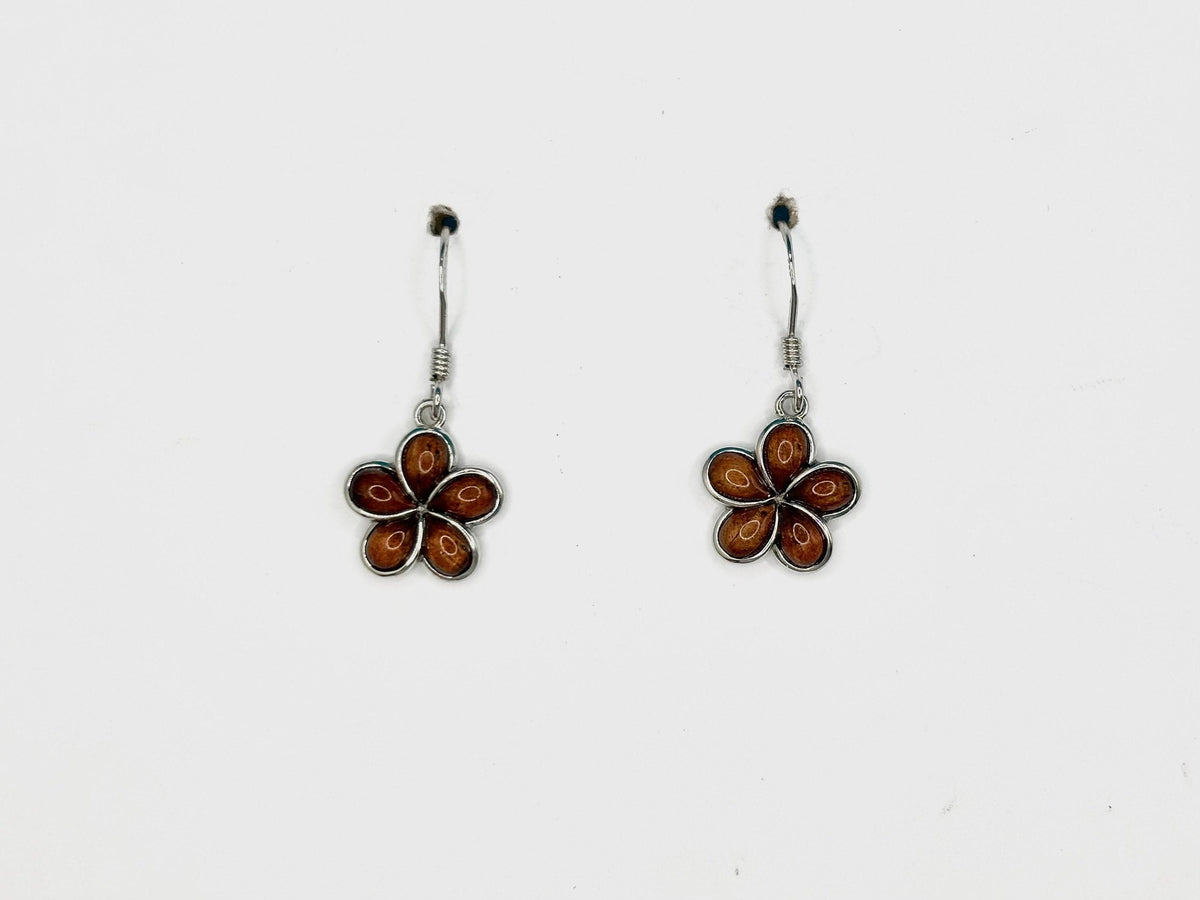 Koa Wood Plumeria Earrings, Hawaiian Sterling Silver Dangle Gift, ball, chain, nontarnish – handmade Hawaiian jewelry, Island Goddess Jewelry