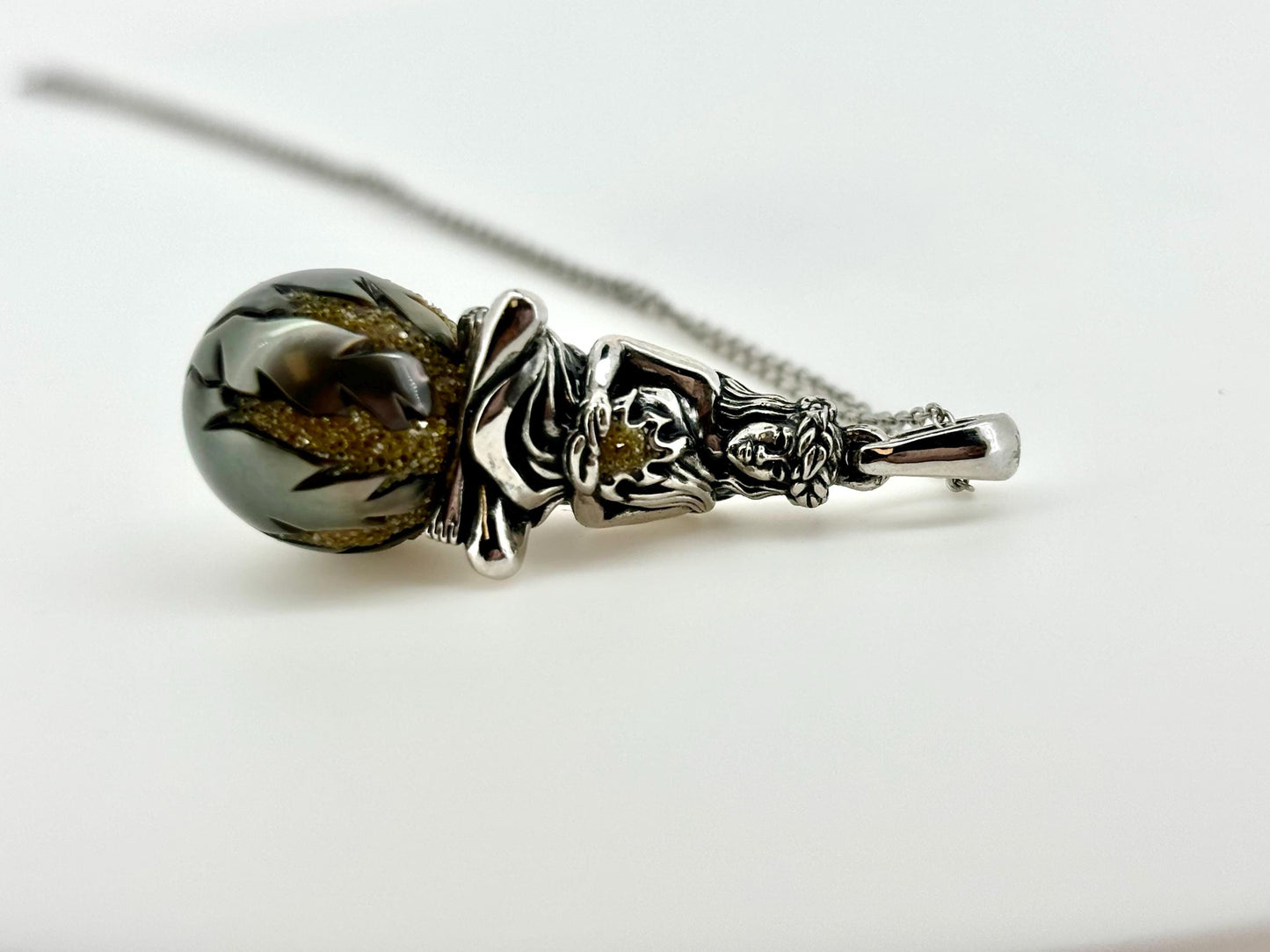 Tahitian Pearl Necklace With Chain 925 Sterling Silver Pele Necklace Volcano Goddess of Hawaii with Yellow Diamonds Birthday Gift for Her