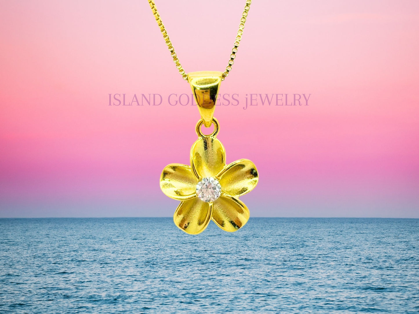 Hawaiian Plumeria Flower Necklace 14K Gold Plated Sterling Silver with Sparkling CZ Stone Romantic Jewelry Gift for her Wife, Mom Girlfriend