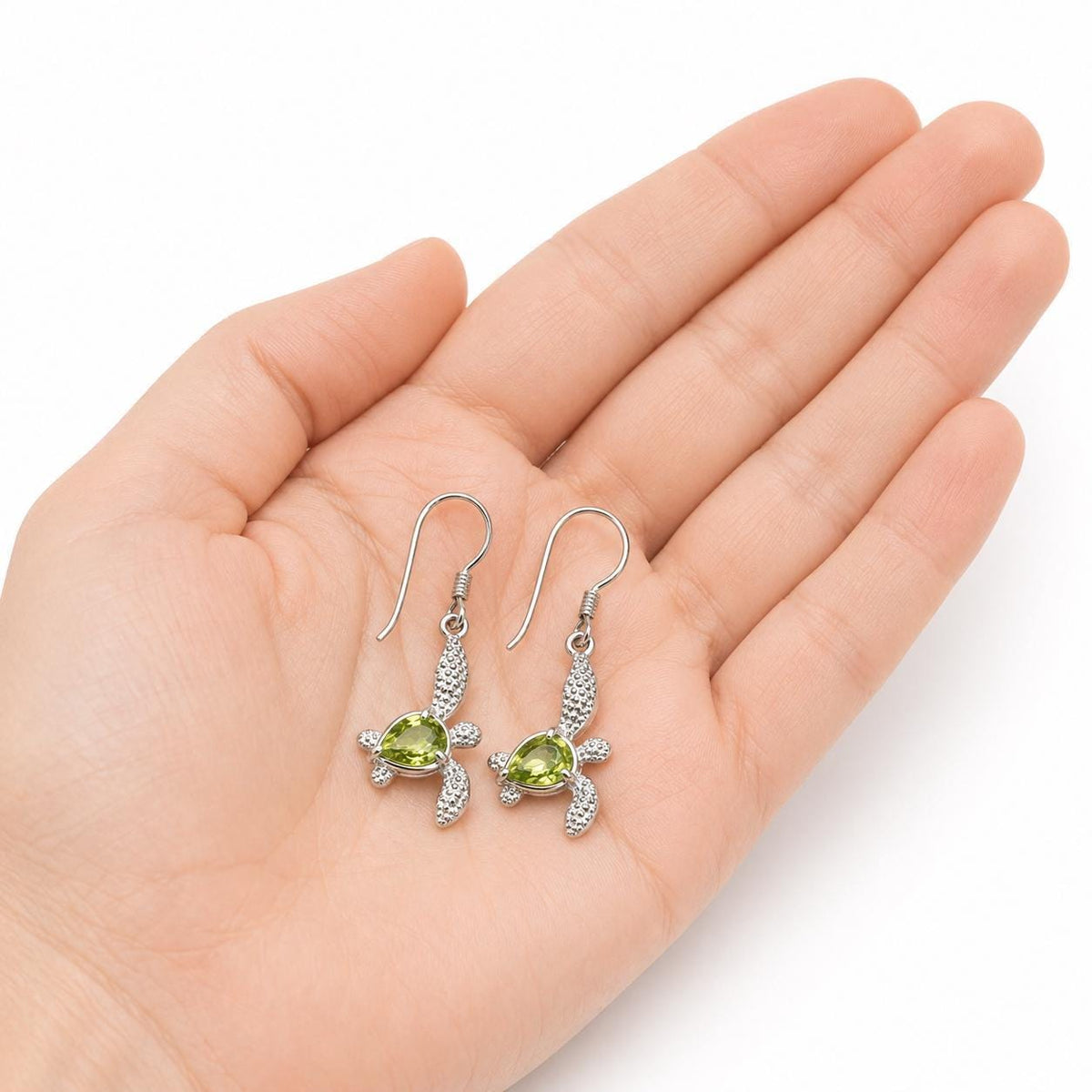 Peridot Turtle Earrings | Rhodium Plated Sterling Silver Gift Box, gift for her, gift for mom, dangle earrings – handmade Hawaiian jewelry, Island Goddess Jewelry