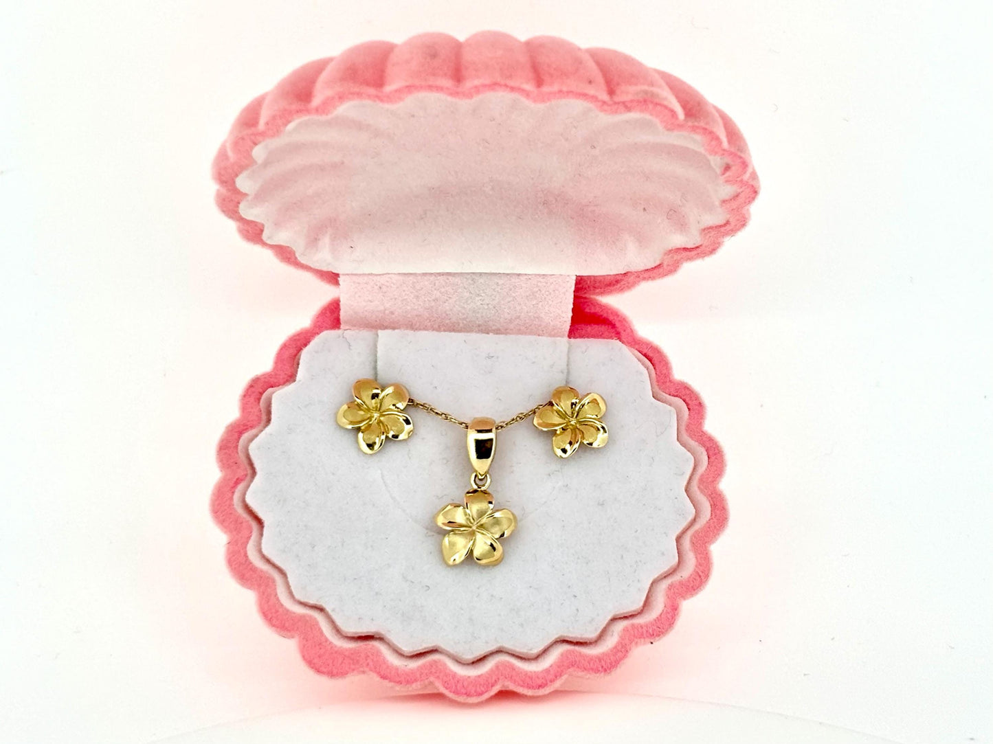 14K Solid Gold Plumeria Pendant Earring Set Flower Jewelry Set Gold Necklace Gold Pendant Birthday Gift for her Gift for Mom Flower Necklace