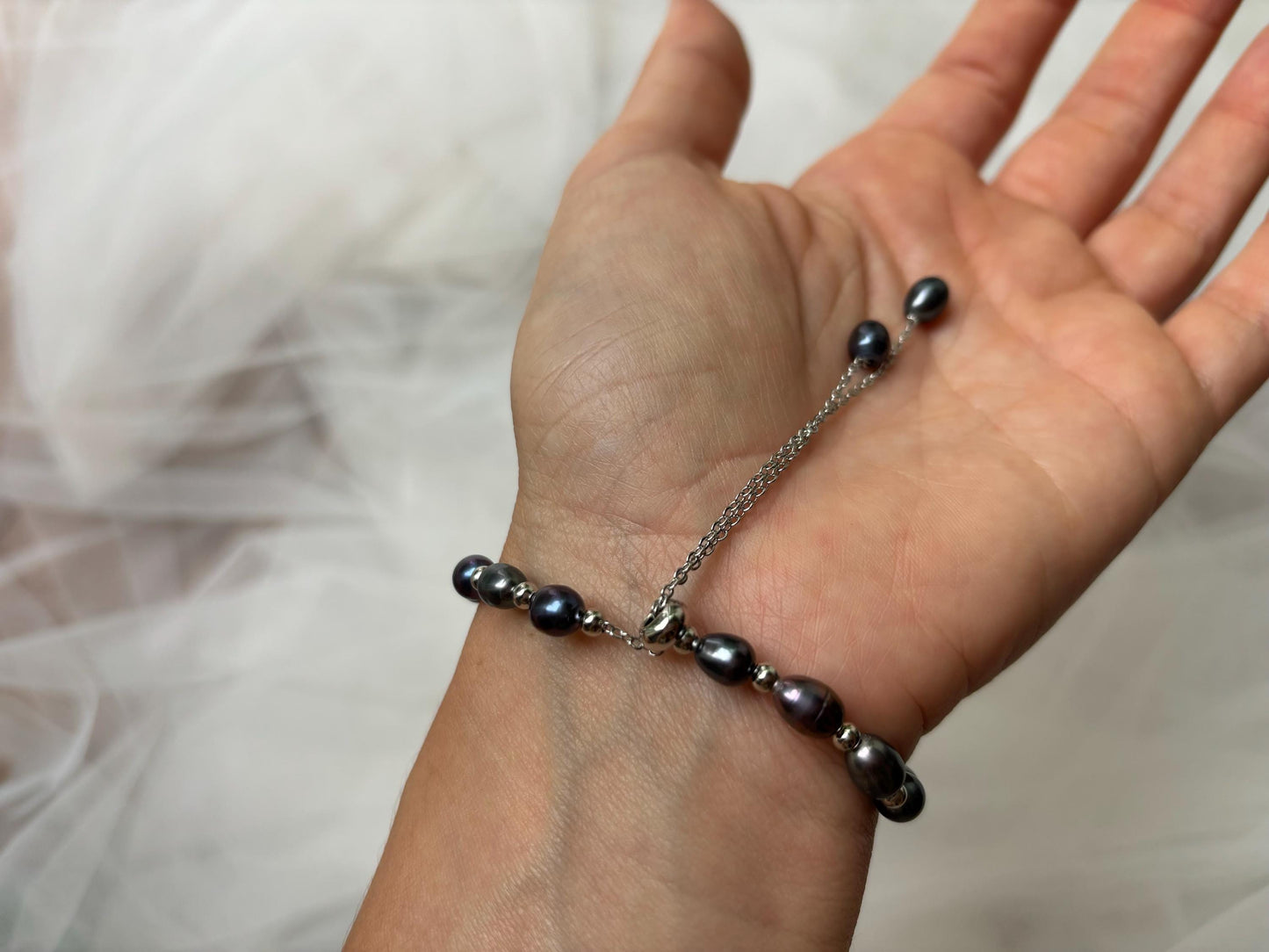Black Pearl Bracelet with Silver Flower Charm
