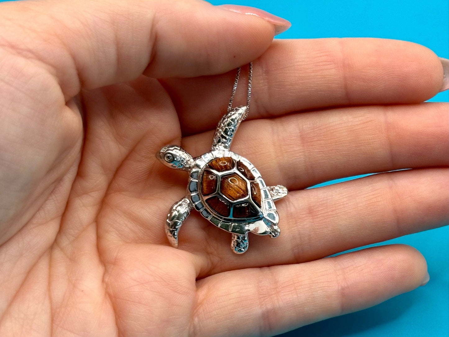 Large Sea Turtle Necklace – 925 Sterling Silver with Koa Wood