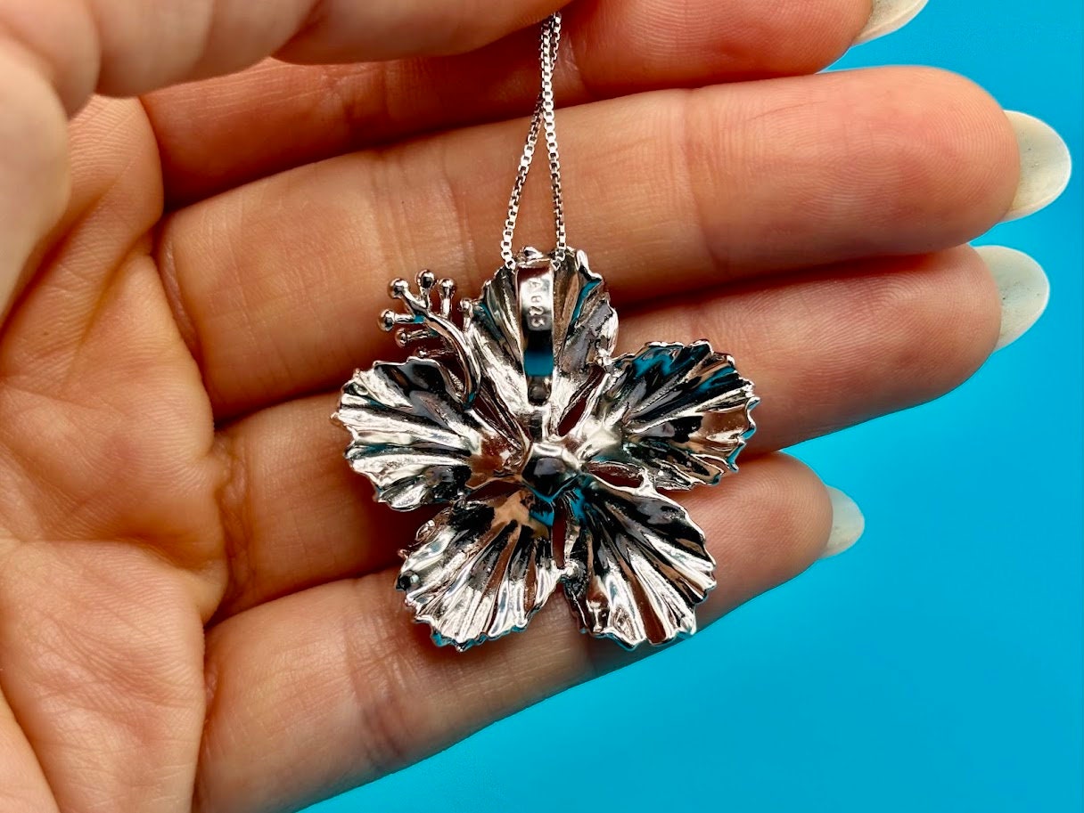Hawaiian Hibiscus Flower elegant Necklace 925 Sterling Silver large Rhodium Plated with chain Cute Gift for Mom Mother Wife Girlfriend