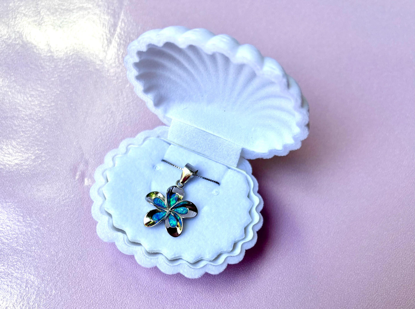 Hawaiian Plumeria Flower Necklace 925 Sterling Silver Tarnish Free Blue Opal Necklace with Chain Gift for Her Birthday Gift for Girlfriend