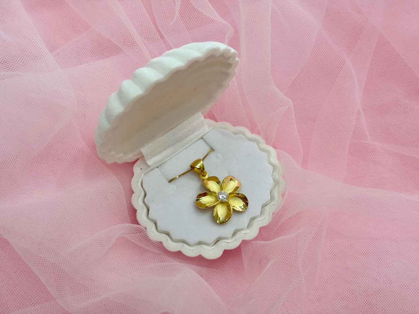 Hawaiian Plumeria Flower Necklace 14K Gold Plated Sterling Silver with Sparkling CZ Stone Romantic Jewelry Gift for her Wife, Mom Girlfriend