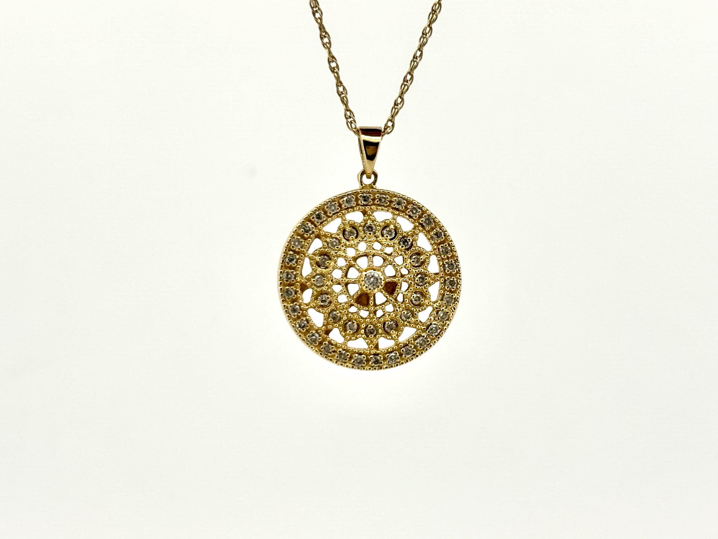 14K Yellow Gold Mandala Pendant with Diamonds, 17mm Round Dainty Gold Necklace, Everyday Jewelry, Anniversary Gift, Unique Gift for Women