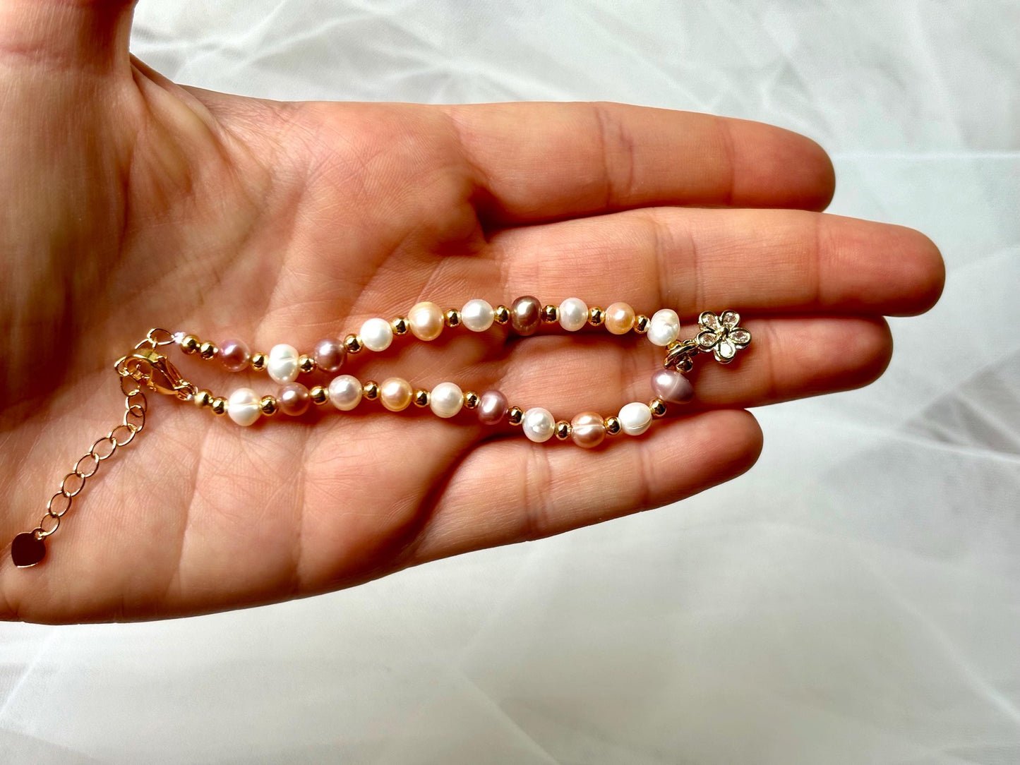 Genuine Natural Freshwater 3 Color Pearl Bracelet Adjustable With Dainty Flower Charm Gold Color Birthday Gift For Her Gift for Girlfriend