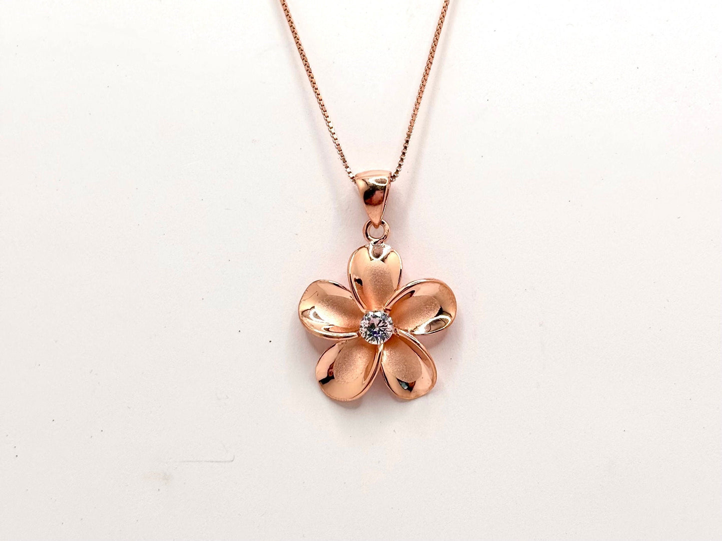 Hawaiian Plumeria Flower Necklace, 14K Rose Gold-Plated 925 Sterling Silver with CZ, Sparkly Romantic Gift for Wife, Mom, Girlfriend