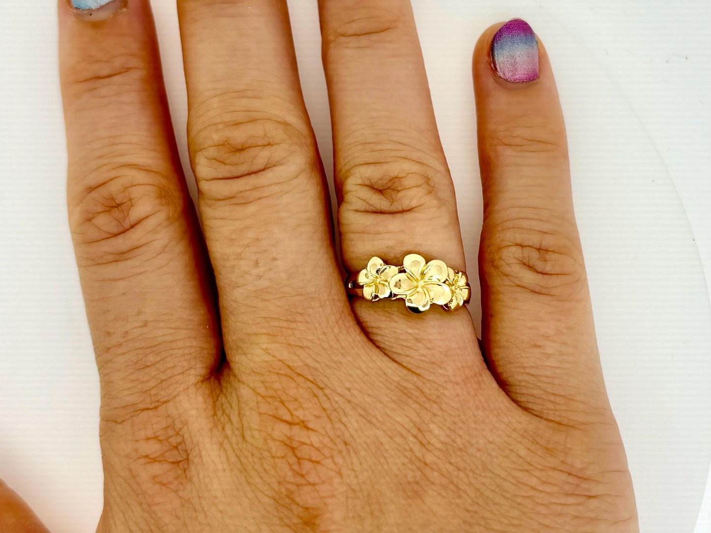 14K Solid Gold Hawaiian Plumeria Flower Ring