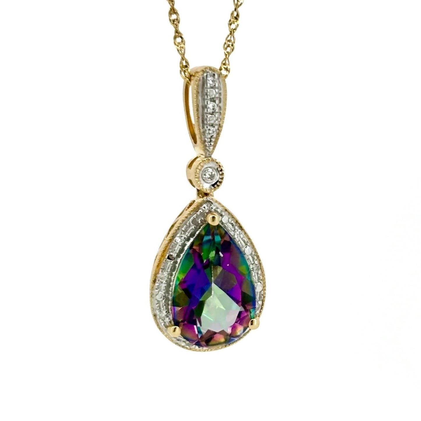 Ocean Light Mystic Topaz Pendant – 14k Solid Gold Necklace with Diamond Accent