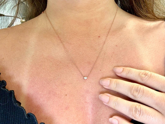 14K Rose Gold Oval Diamond Necklace, 0.10ct Solitaire, 18 Inch Chain, Dainty Minimalist Jewelry, Genuine Diamond Gift for Her