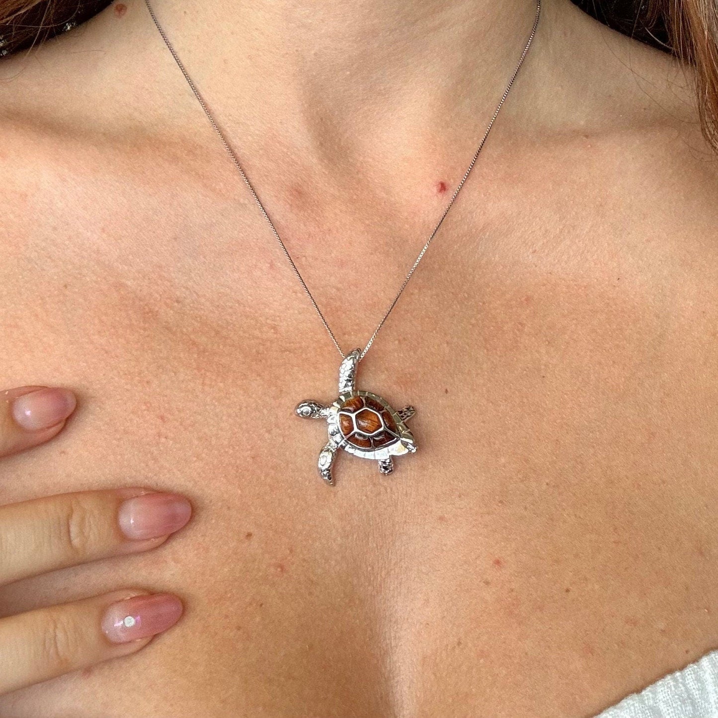Large Sea Turtle Necklace – 925 Sterling Silver with Koa Wood