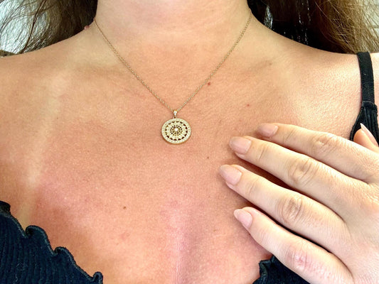 14K Yellow Gold Mandala Pendant with Diamonds, 17mm Round Dainty Gold Necklace, Everyday Jewelry, Anniversary Gift, Unique Gift for Women