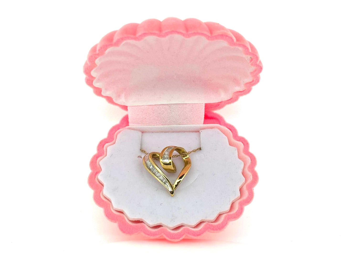 10K Yellow Gold Heart Pendant, Baguette Diamond Slide Necklace, Dainty Gold Heart Necklace Minimalist Diamond Pendant, Romantic Gift for Her