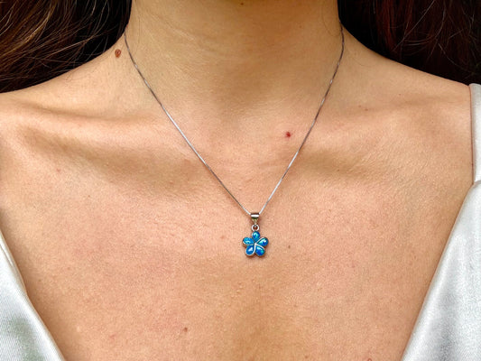 Plumeria Flower Necklace – Dainty Floral Necklace with Tarnish Free Silver & Blue Opal Pendant, gift for her, mothers day gift – handmade Hawaiian jewelry, Island Goddess Jewelry