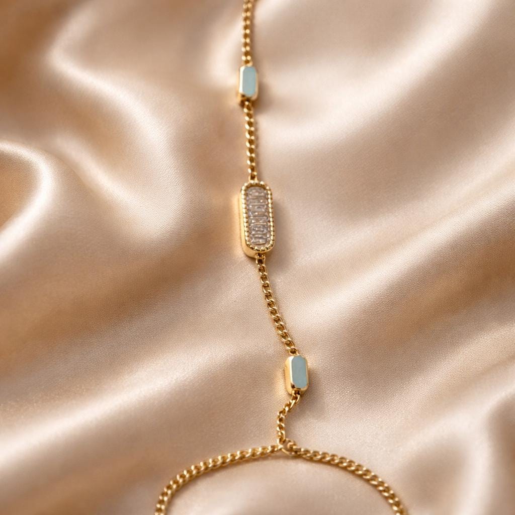 Hand Chain Bracelet | Adjustable 14K Gold Plated Baguette Ring with Cubic Zirconia Sparkle