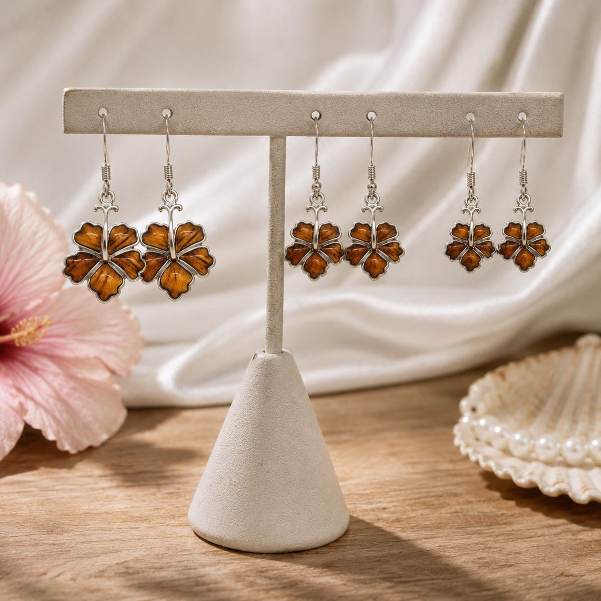 Koa Wood Hibiscus Earrings | Sterling Silver Dangle, Hawaii Jewelry, hawaiian, chain, flower – handmade Hawaiian jewelry, Island Goddess Jewelry