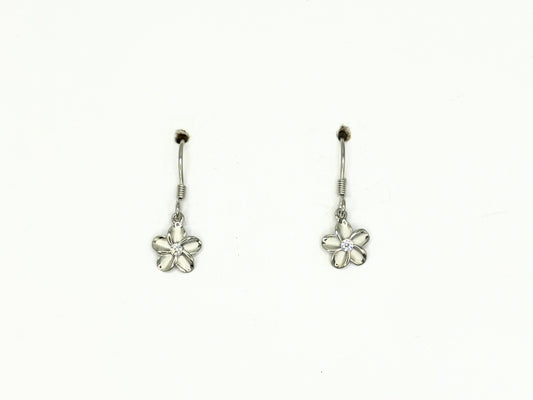 Sterling Silver Earrings – Plumeria Flower Dangle with Cubic Zirconia Sparkle