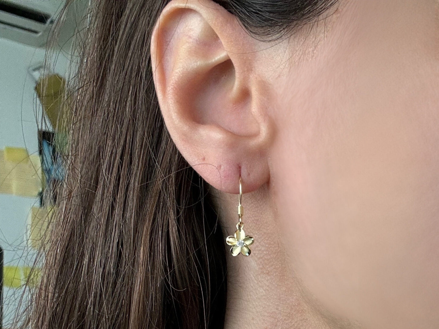 Hawaiian 925 Sterling Silver 14k Gold Plated Plumeria Hanging Earrings Cute Gift for Wife Flower Mom Girlfriend sister Stone shiny CZ