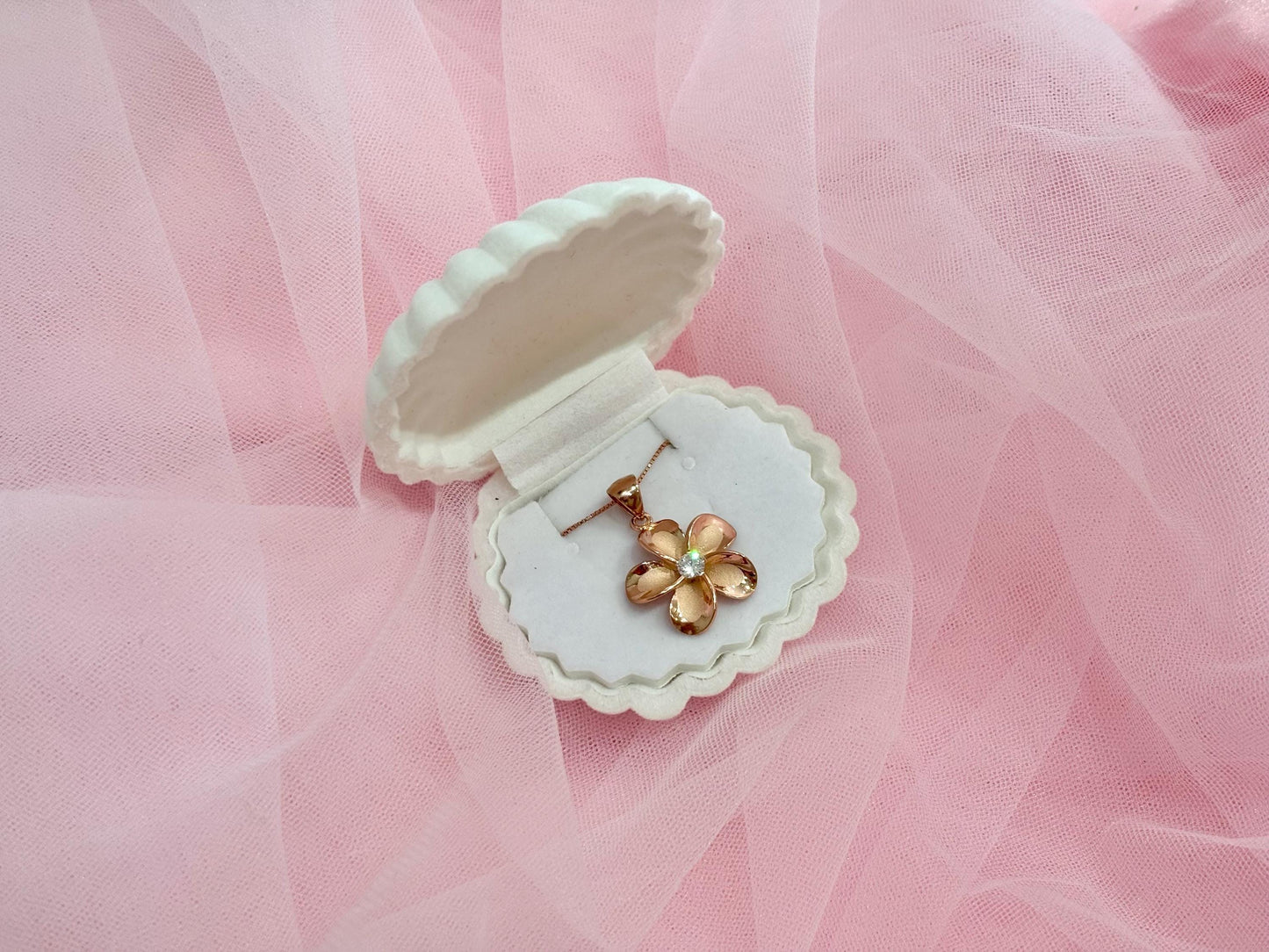 Hawaiian Plumeria Flower Necklace, 14K Rose Gold-Plated 925 Sterling Silver with CZ, Sparkly Romantic Gift for Wife, Mom, Girlfriend