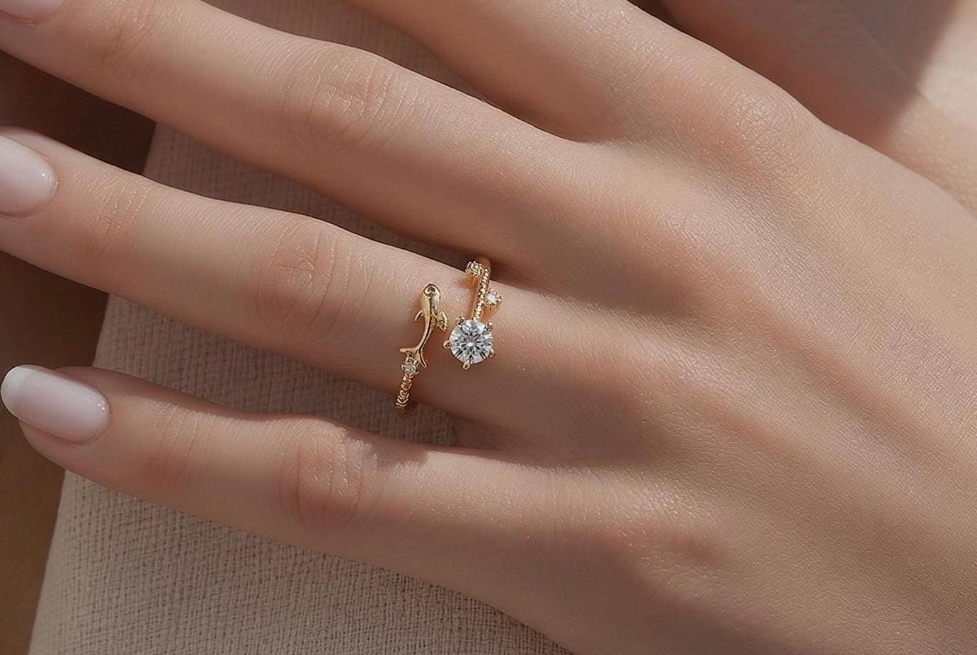 Dolphin Ring – Adjustable 14K Gold Plated Stackable Ocean Ring With Cubic Zirconia