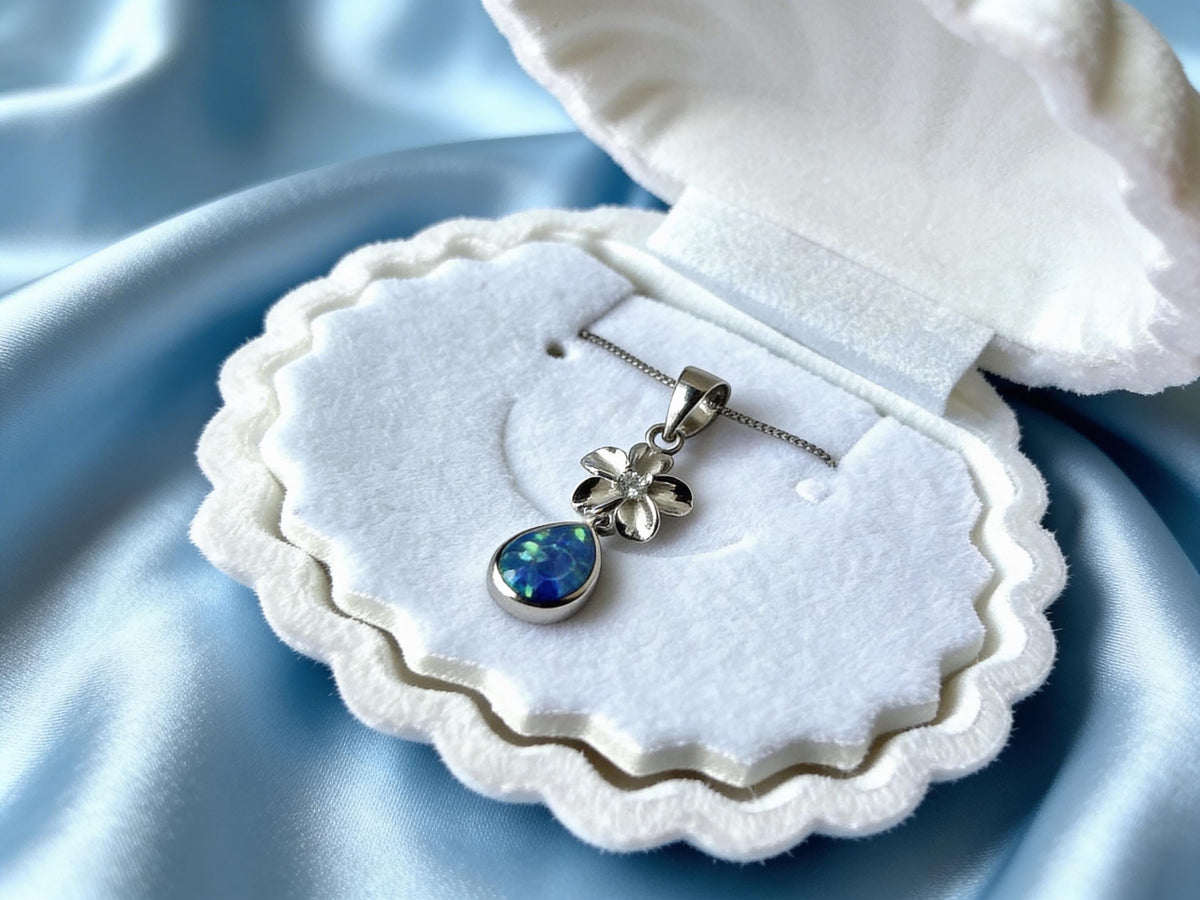 Blue Opal Plumeria Necklace, Rhodium Plated Silver Flower Pendant, gift for her, birthday gift, gift for mom – handmade Hawaiian jewelry, Island Goddess Jewelry